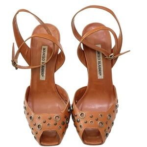 Manolo Blahnik Luggage Brown Leather Grommet studded heel